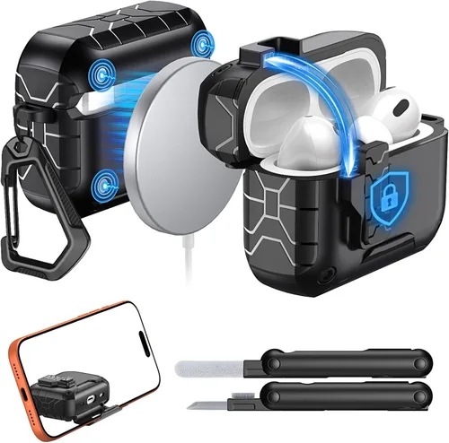 MoKo Funda para AirPods AirPods Pro 1/2, compatible con MagSafe, bloqueo de seguridad y soporte de teléfono para AirPods Pro 1/2, funda protectora