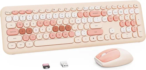 Vista 10 de Combo de teclado y mouse inalámbricos Nowlike, teclado retro de máquina de escribir con teclas redondas, ergonómico de tamaño completo, rojo aurora