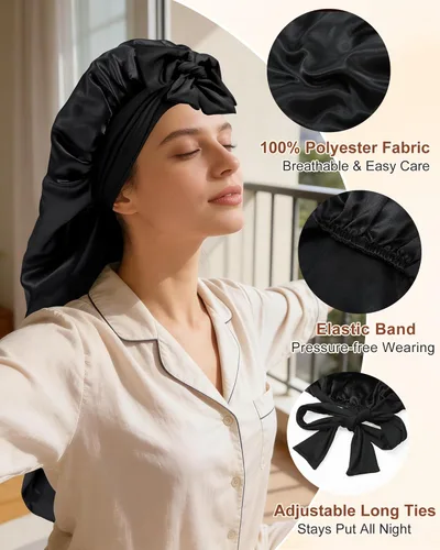 Vista 2 de AWAYTR Gorro largo de satén para mujer, gorro de seda elástica de doble capa para trenzas, gorro de dormir con banda de amarre (negro)