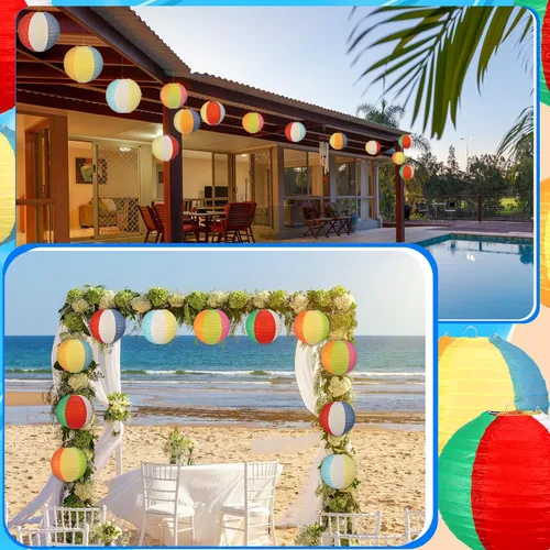 Vista 6 de Panelee 12 linternas de papel de bola de playa de 8 pulgadas, decoraciones de fiesta de piscina, decoraciones redondas colgantes temáticas de Luau