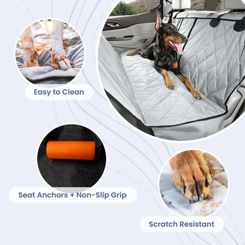 Vista 6 de Funda para asiento trasero de automóvil con hamaca para perros. Viene con cortes para los cinturones de seguridad 60/40, Extra grande, Negro