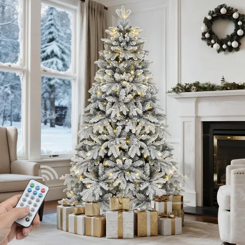 Vista 13 de GOOBED 6.5 ft Prelit Snow Flocked Christmas Tree, Layered Spruce w/Remote Christmas Tree w/ 760 Thickened Branch Tips, 350 Lights for Home, Office