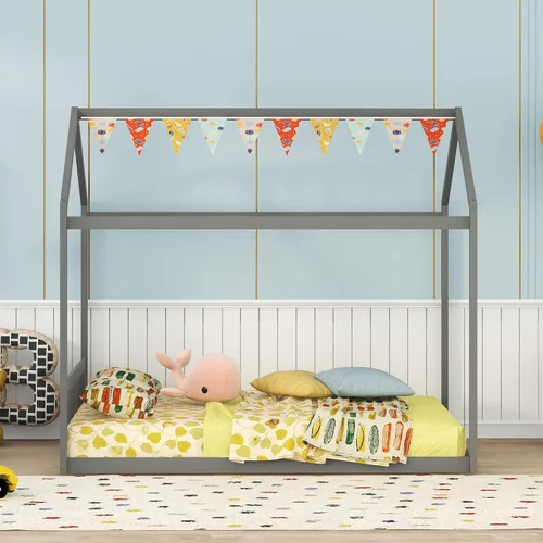 Vista 3 de Harper & Bright Designs Marco de cama de casa tamaño Queen, marco de cama Montessori de madera con cabecero, cama de piso para niños para niñas, Gris