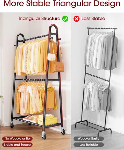 Vista 4 de Sakugi Perchero de ropa resistente, perchero de metal con varillas dobles para colgar, 4 ganchos y estante de malla, perchero independiente con Negro