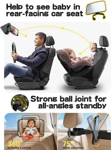 Vista 7 de TAZENI Espejo de coche para bebé, diseño de gancho ultra estable, para asiento trasero de bebé, seguro e inastillable, visión clara de 360°