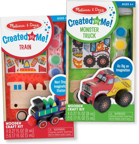 Melissa & Doug Created by Me! - Kit de manualidades para pintar y decorar tus propios vehículos de madera para niños, paquete de 2 – Monster Truck,