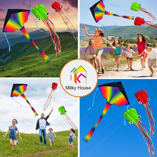 Vista 5 de Paquete de 3 cometas de pulpo – Cometas de playa 3D para personas y niños (azul, verde, rojo) – Fácil de volar, kit de cometa con cuerda de 39.9 pies