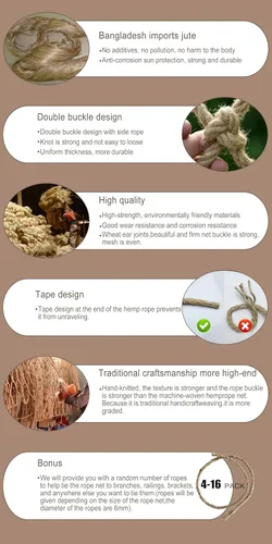 Vista 3 de Red de cuerda de cáñamo de seguridad para niños, para escalar, balcón, escaleras, barandilla, jardín, patio, protección resistente, casa de árbol