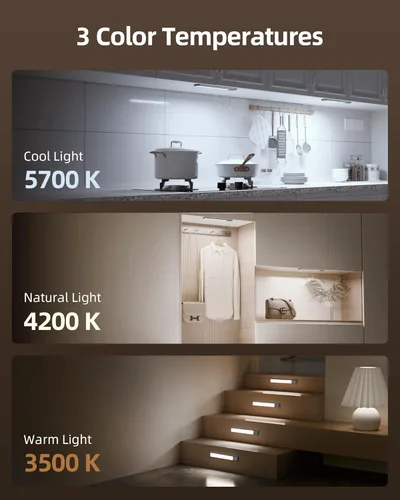 Vista 4 de EZVALO Iluminación bajo gabinete, luz LED recargable de 98 LED con sensor de movimiento para interiores, luces magnéticas regulables para armario