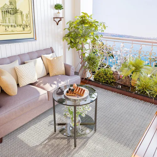 Vista 8 de Juego de mesa auxiliar de vidrio templado de 2 niveles, mesa de noche redonda de 20 pulgadas de alto, color gris