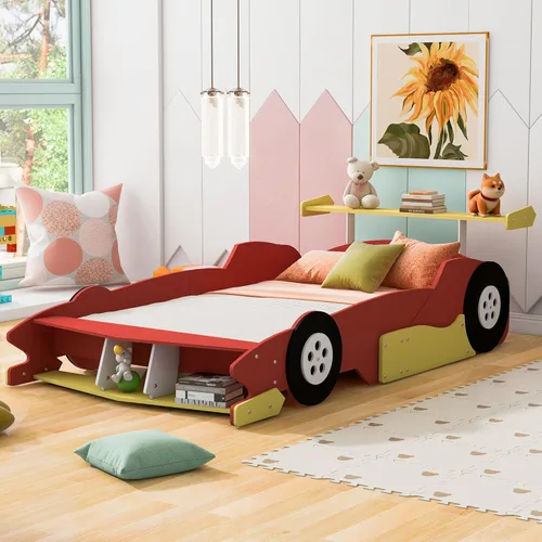 Vista 12 de Cama de plataforma en forma de auto de carreras con ruedas, cama de plataforma de madera tamaño individual con barandilla, cama de plataforma