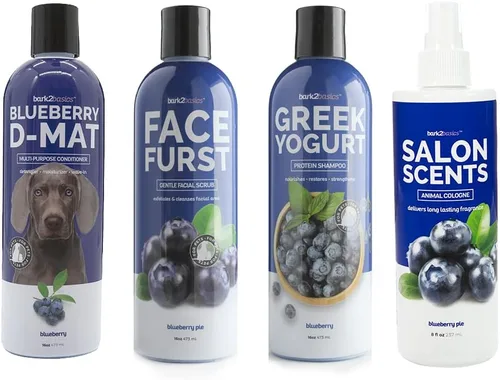 Bark2Basics Blueberry Bundle 16 oz – Champú, exfoliante facial, acondicionador D-Mat y perfume en aerosol para mascotas, fabricado en los Estados