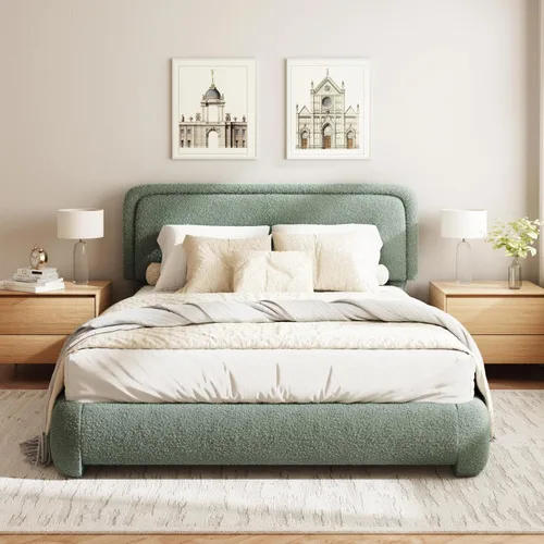 Vista 19 de Base de cama Boucle de tamaño Queen, plataforma tapizada con cabecera ajustable en altura y esquinas redondeadas suaves, sin ruido, fácil montaje