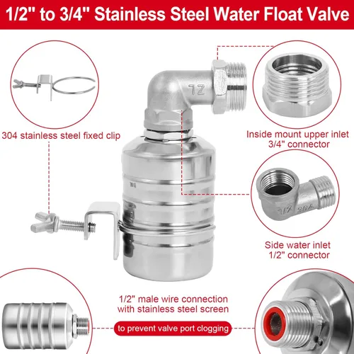 Vista 4 de Válvula de flotador automática para tanque de agua, válvula de flotador de tanque de acero inoxidable de 1/2 y 3/4 pulgadas, válvula de control
