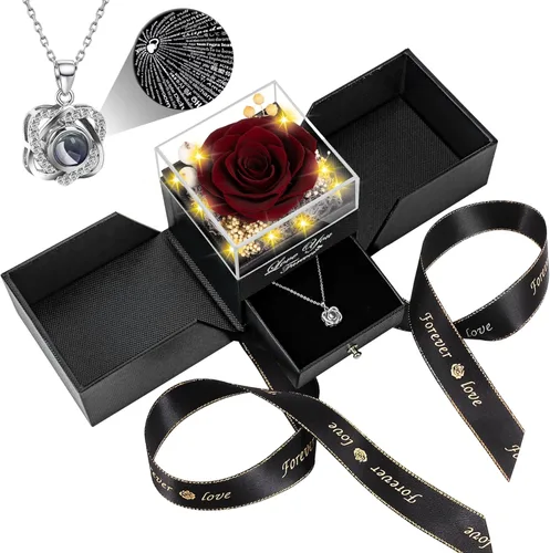 Vista 27 de Collar con diseño de rosa real preservada con corazón con texto en inglés "I Love You", flores eternas, regalos de cumpleaños para mujeres, mamá