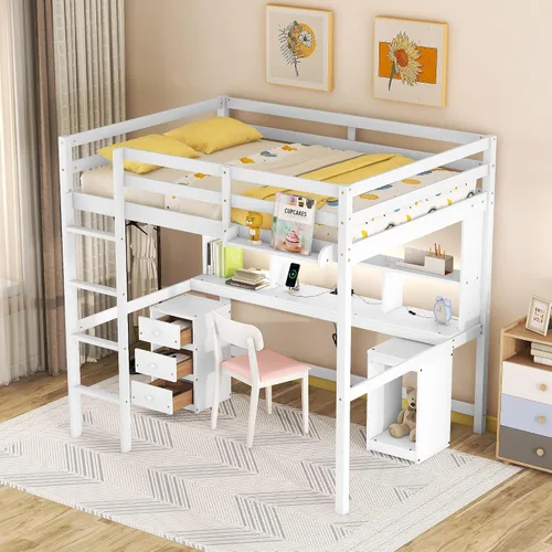 Vista 15 de Cama loft multifuncional de tamaño individual con 8 estantes de almacenamiento abiertos y escalera integrada, marco de cama de almacenamiento