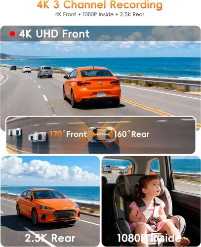 Vista 2 de Cámara de tablero de espejo 4K de 3 canales con sensor STARVIS 2, 4K+2.5K+1080P Dash Cam frontal y trasera interior monitor de bebé para automóvil