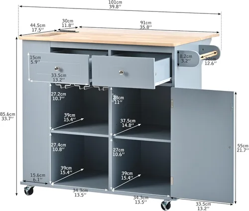 Vista 28 de LUMISOL Carrito de isla de cocina con ruedas de bloqueo con 2 cajones y 4 gabinetes, isla de cocina rodante con estantes ajustables, mesa de madera