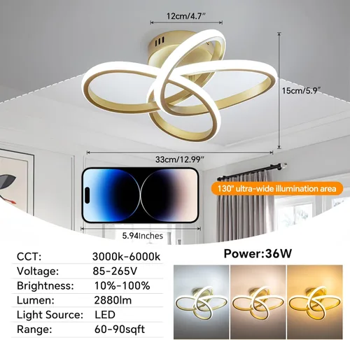 Vista 3 de Lámpara de techo moderna, lámpara de techo regulable LED de 36 W con control remoto, cambio de temperatura de color, pequeña lámpara de araña dorada