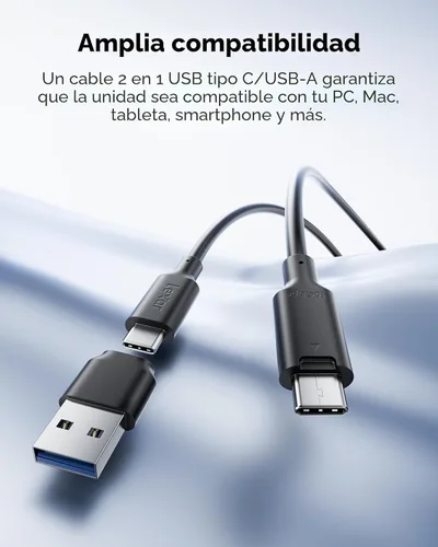 Vista 7 de Lexar ES3 1TB SSD externo, USB 3.2 Gen2 SSD portátil, PSSD hasta 1050MB/s de lectura, 1000MB/s de escritura, unidad externa de estado sólido Azul