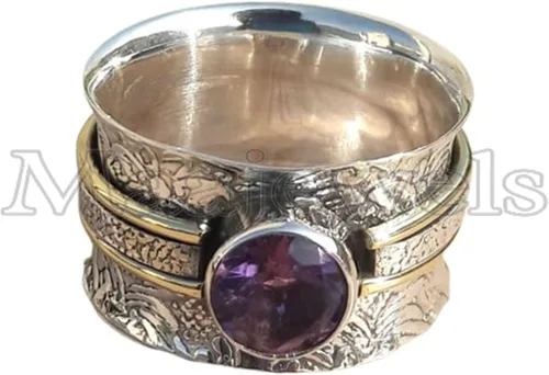Vista 5 de Natural Amethyst Spinner Ring, 925 Sterling Silver Meditation & Fidget Ring for Women, Handmade Spin Band Yoga Jewelry
