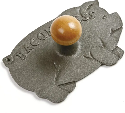 Vista 4 de Norpro Prensa de tocino en forma de cerdo de hierro fundido con mango de madera, 8.5in/21.5cm