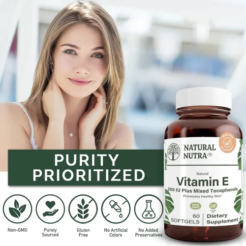 Vista 4 de Natural Nutra Suplemento de vitamina E de 200 UI para piel, cabello y uñas, promueve la salud del corazón, ayuda a prevenir la piel dañada, promueve