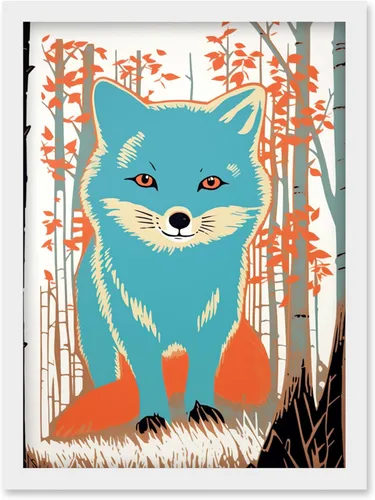 Vista 7 de Artery8 Cute Blue Fox Forest Glade Landscape Bright Woodland Baby Animal Kids Bedroom Artwork Framed Wall Art Print A4
