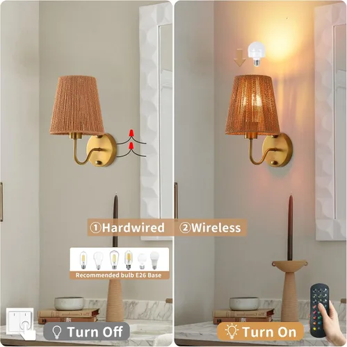 Vista 5 de Juego de 2 apliques de pared bohemios que funcionan con pilas, con pantalla de ratán dorado, luces de pared inalámbricas con bombillas recargables