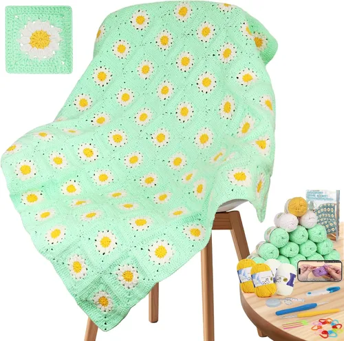 Coopay Kit de manta de ganchillo para principiantes, kit de manta cuadrada de abuela todo en uno con video paso a paso y suficientes hilos. Maestra