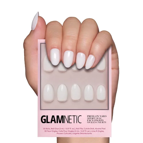 Vista 8 de Glamnetic - MaDamn Uñas postizas con punta francesa, cortas y puntiagudas en forma de almendra con acabado UV, uñas semitransparentes de calidad