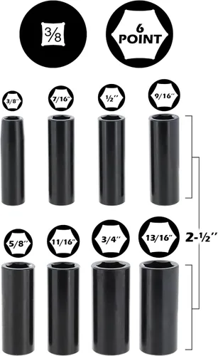 Vista 2 de Juego de dados de impacto de 3/8 SAE/pulgadas - Deep 3/8 pulgadas Drive Impact Socket Set 8 piezas de 6 puntos Cr-v con estuche Incluye tamaños