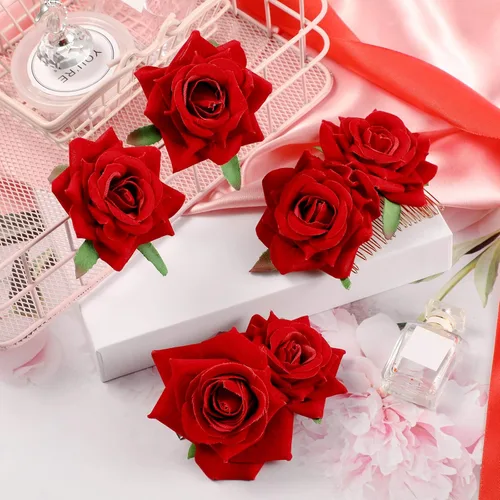 Vista 5 de 6 pinzas para el pelo de rosas, horquilla de rosa, peine de flores para el día de San Valentín, horquilla floral, accesorios para el cabello