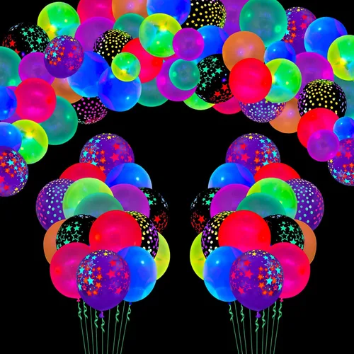 109 globos de neón UV, globos de luz negra que brillan en la oscuridad, luz negra, reactivos, fluorescentes, lunares, estrellas, globos de látex,