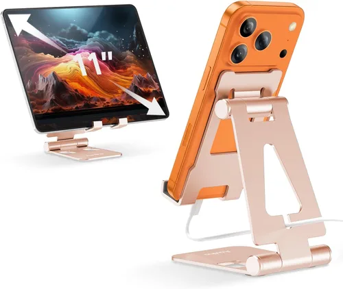 Vista 11 de Aoviho Soporte plegable para teléfono celular para escritorio, soporte ajustable para oficina, videollamadas y transmisión, base de teléfono de Negro