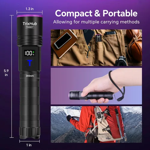 Vista 8 de TrixHub Linterna de luz negra de 365 nm, linterna UV recargable con pantalla LCD, potentes luces ultravioleta para detección de orina de mascotas
