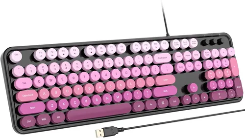 Vista 13 de Atelus Teclado USB con cable con retroiluminación de 7 colores, teclado de tamaño completo con teclas retro, teclado numérico y tecla de acceso