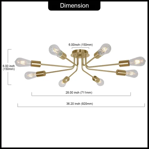 Vista 5 de Lámpara de Araña Sputnik de 8 Luces de Latón Cepillado Semi Empotrada de Montaje en Techo Luces Industriales para Cocina Accesorios de Iluminación