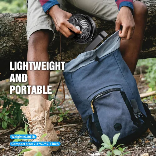 Vista 7 de Ventilador portátil de campamento con linterna LED, ventilador de batería recargable de 40 horas de trabajo con gancho para colgar para tienda