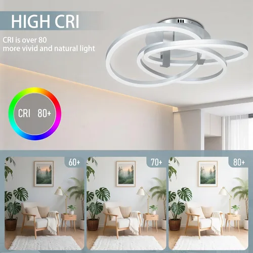 Vista 4 de Maxax Lámpara LED de 23.5 pulgadas, moderna lámpara de techo de montaje empotrado de 3 anillos, lámpara de acrílico plateado cerca del techo