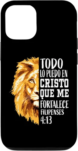 Vista 28 de iPhone 16 Filipenses 4:13 - Funda gráfica de león con versículo bíblico cristiano en español