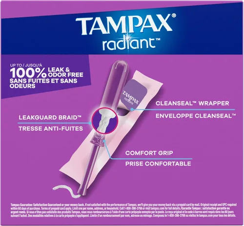 Vista 15 de Tampax Radiant tampones para mujeres, multipack, con trenza LeakGuard, absorbencia regular/súper/súper plus, sin perfume, 28