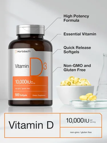 Vista 4 de Horbäach Vitamina D3 10000 UI 500 cápsulas blandas Suplemento sin OMG, sin gluten Tamaño de valor 250 mcg Fórmula de alta potencia