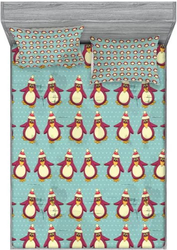 Ambesonne Christmas 2 Pack Fitted Sheet & Pillow Sham Set, Funny Arctic Penguins, 4 Pcs Bedding Decor, Package Contains 2 Full Size Fitted Sheets &