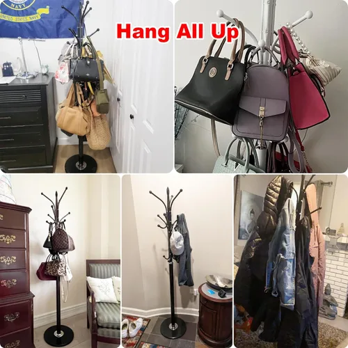 Vista 6 de Kertnic Perchero de metal con base de mármol natural, árbol de pasillo independiente con 12 ganchos para colgar bufanda, bolsa, chaqueta, Negro