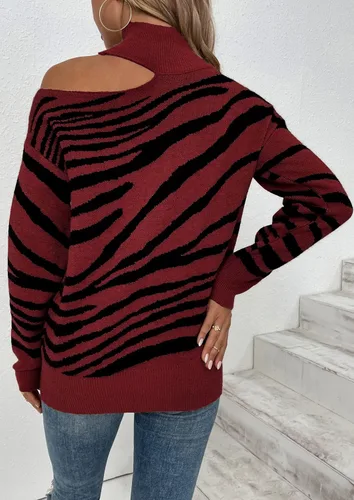 Vista 4 de ECOWISH Suéteres de manga larga para mujer con hombros descubiertos estampado de cebra a rayas bloque de color suéter de punto