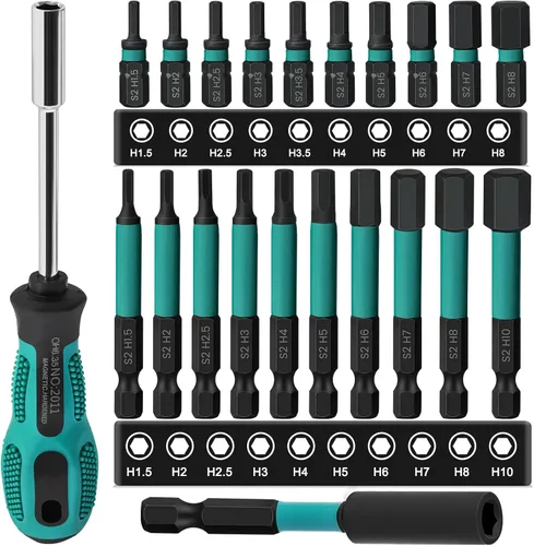 Vista 12 de SAE 4" Largo 10 Piezas 1/4" Brocas de Llave Allen con Cabeza Hexagonal, Juego de Puntas de Destornillador Magnético de 5/64" a 5/16" para Tornillos