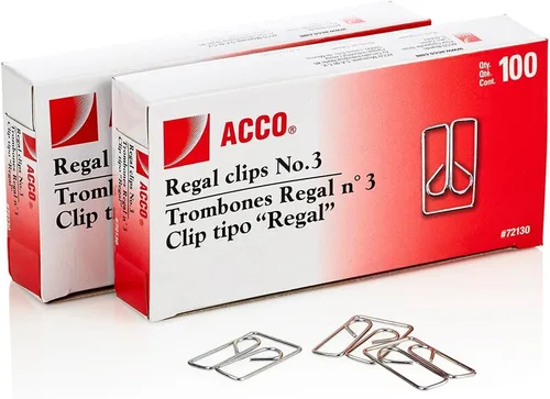 Acco Regal Clips de papel n.º 3, 100/caja, plata, paquete de 2 (ACC72152)