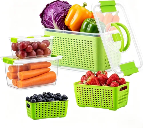 LUXEAR Contenedores para productos para refrigerador, juego de 3 recipientes de frutas con colador extraíble, recipientes sin BPA con tapas, aptos