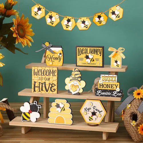 Vista 6 de 15 piezas de decoración de bandeja escalonada de verano de abeja de miel, mini letrero de madera de madera, bandejas decorativas de primavera